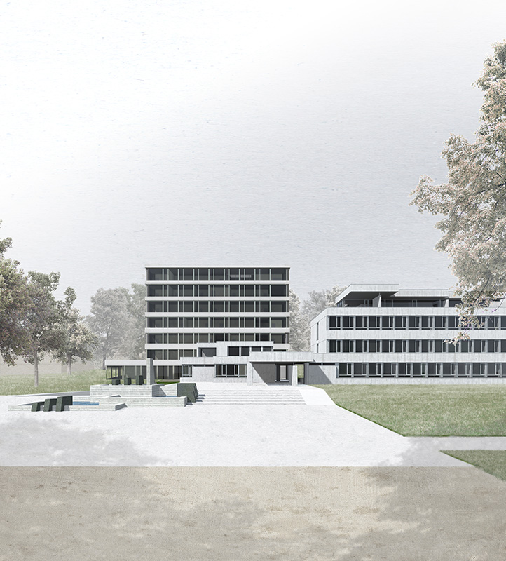 Rechts der alte Verwaltungsbau von Hertig Hertig Schoch Architekten links der Neubau von jessenvollenweider mit der davor liegenden Dachlandschaft.