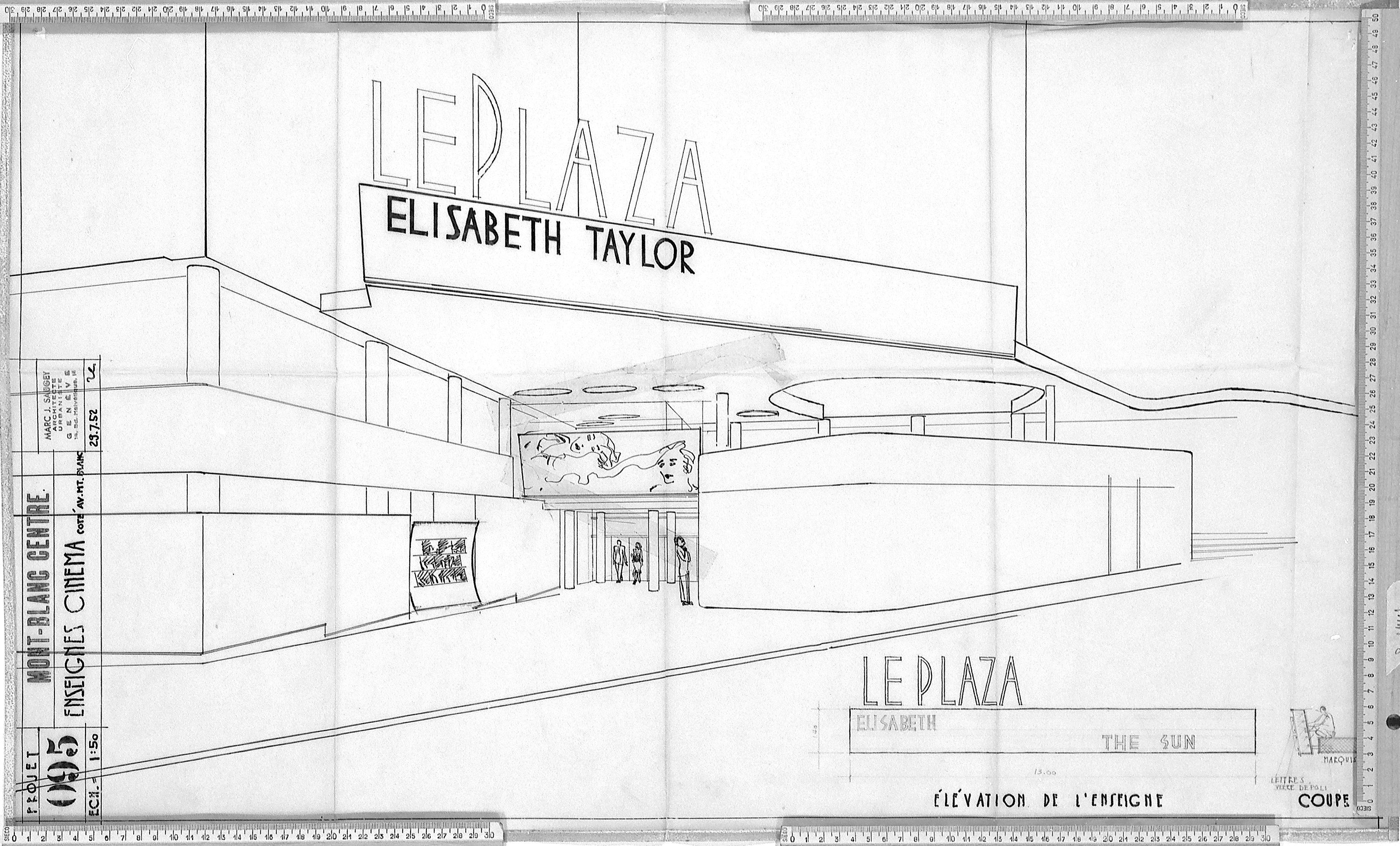 Perspectives de l'entrée du cinéma depuis la rue Chantepoulet, dessins L.B. (Louis Bongard)