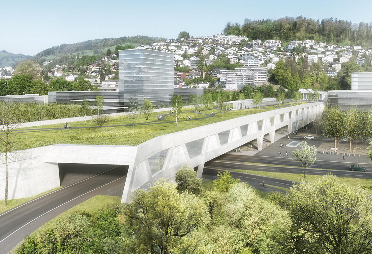 Mit drei Verkehrsebenen – zuoberst ein Park, in der Mitte die Autobahn und unten die Stadtebene – gewinnt «Viva» den Wettbewerb der neuen Grosshofbrücken Kriens.