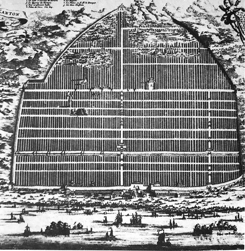 Denken in Metaphern und Analogien: Dem Plan der chinesischen Stadt Canton stellt Oswald Mathias Ungers das Bild eines Strickgewebes gegenüber (nächste Abb.). Als Planvorlage dient die Abbildung des Stichs von Johan Nieuhof aus «L’ Ambassade de la Compagnie Orientale des Provinces Unies vers l’ Empereur de la Chine». Die Stadt wird als Grafik und als verarbeitetes Material betrachtet.