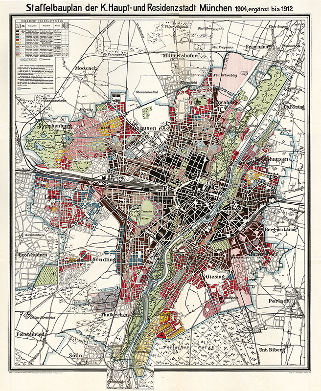 Der Staffelbauplan integriert Informationen zur Gebäudehöhe und Typologie. Dadurch wird eine Darstellung des Stadtkörpers möglich – die Stadt wird räumlich gedacht. Beispiel des Staffelbauplans von Theodor Fischer für München 1912.