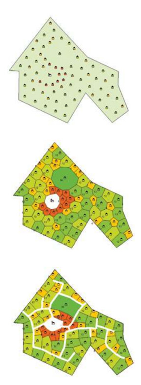 1 Logiciel de parcellisation automatique utilisé pour Schuytgraaf (2003). Dans cette première phase de planification, les édifices publics et privés sont distribués sur le secteur avec des règles d’attraction et de répulsion, la surface correspondante des parcelle est générée, puis le cheminement optimal est tracé.