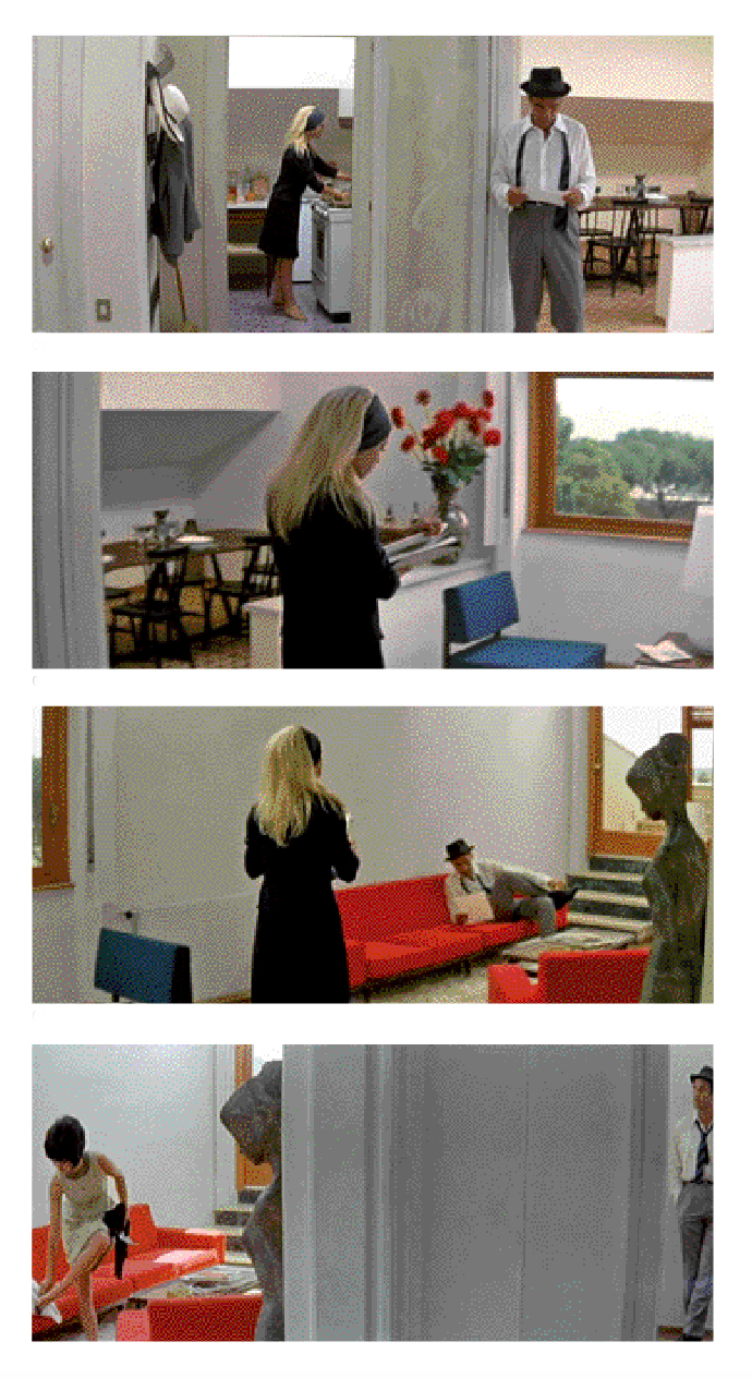 lansequenzen im Film sind lange, ungeschnittene Einstellungen – beispielsweise hier in «Le Mépris» (1963) von Jean Luc Godard («Filmglossar», j4), der dieses Stilmittel nutzt, um der Wohnungsszene in der Mitte des Films einen besonderen Stellenwert einzuräumen: Die Beziehungskrise zwischen den beiden Protagonisten (Brigitte Bardot und Michel Piccoli) zeichnet sich ab. Die letzte Einstellung zeigt das Paar getrennt durch die Wand: Godard nimmt mit der Bildgestaltung die Handlung, die Trennung des Paa