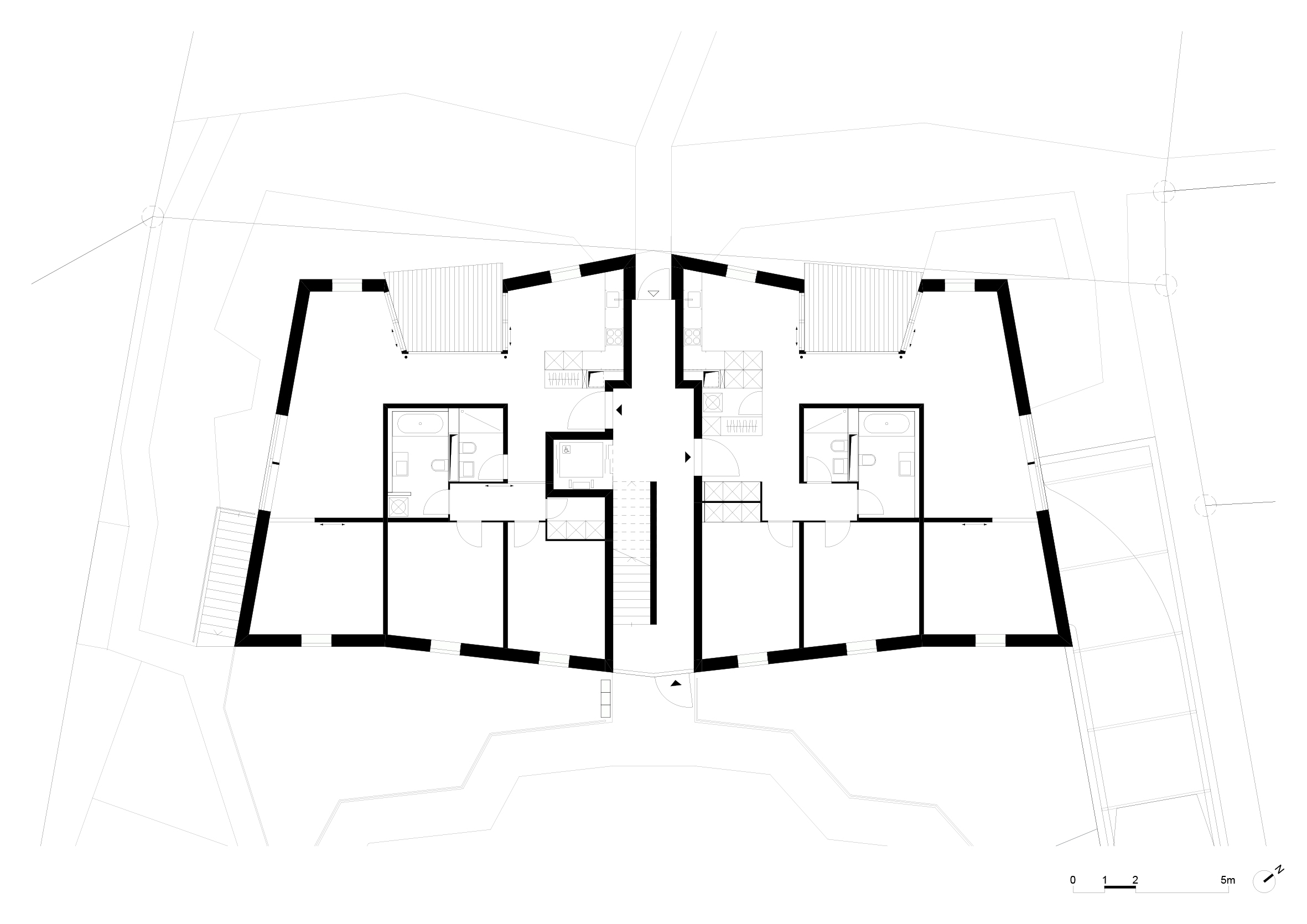 Casa plurifamiliare Burkhalter Sumi Architekten a Zurigo. Pianta del primo piano, 1 :300.