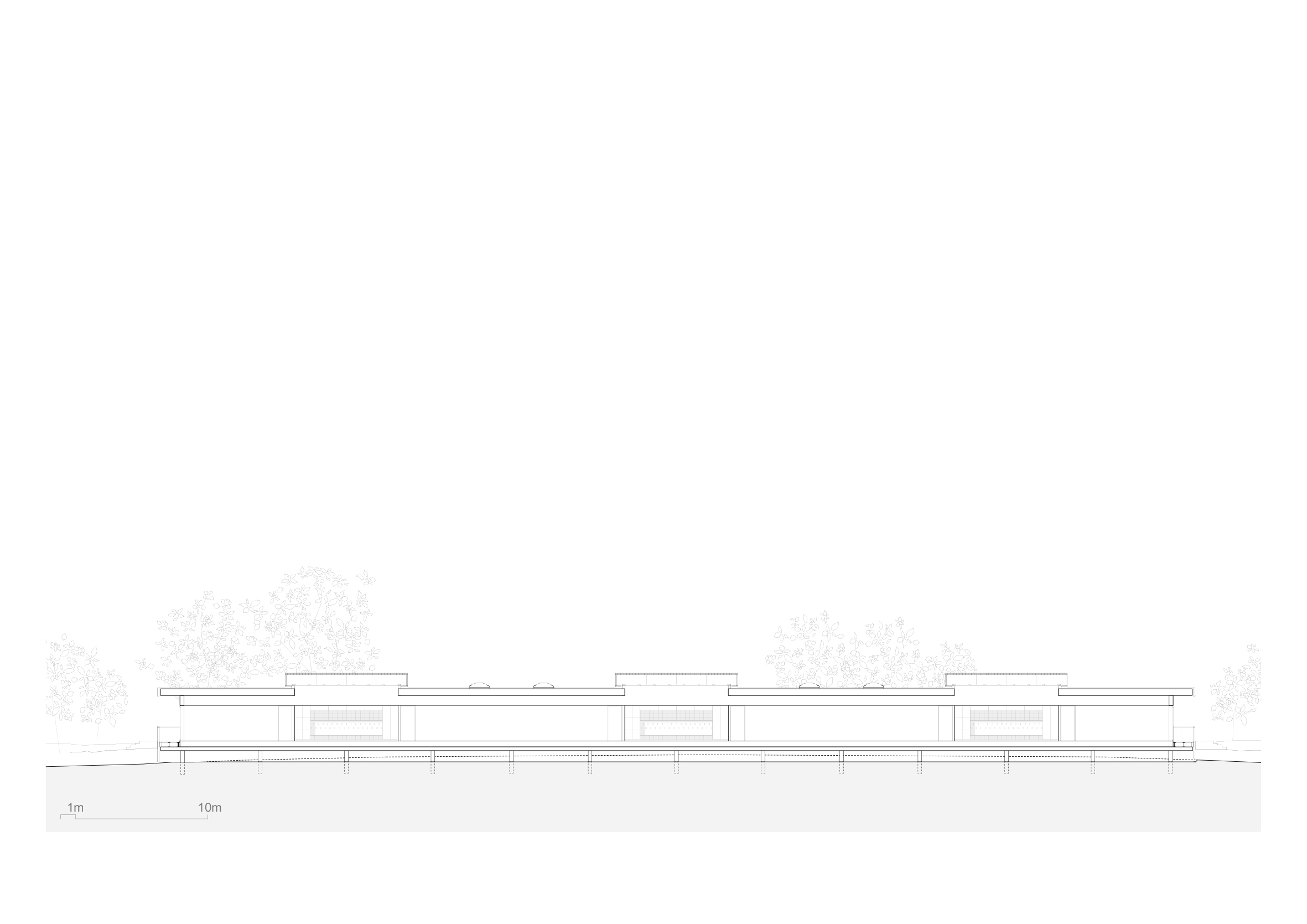 Christian Dupraz Architectes, asilo nido EVE Monthoux, Meyrin. Sezione longitudinale sui lucernari, 1 :750.