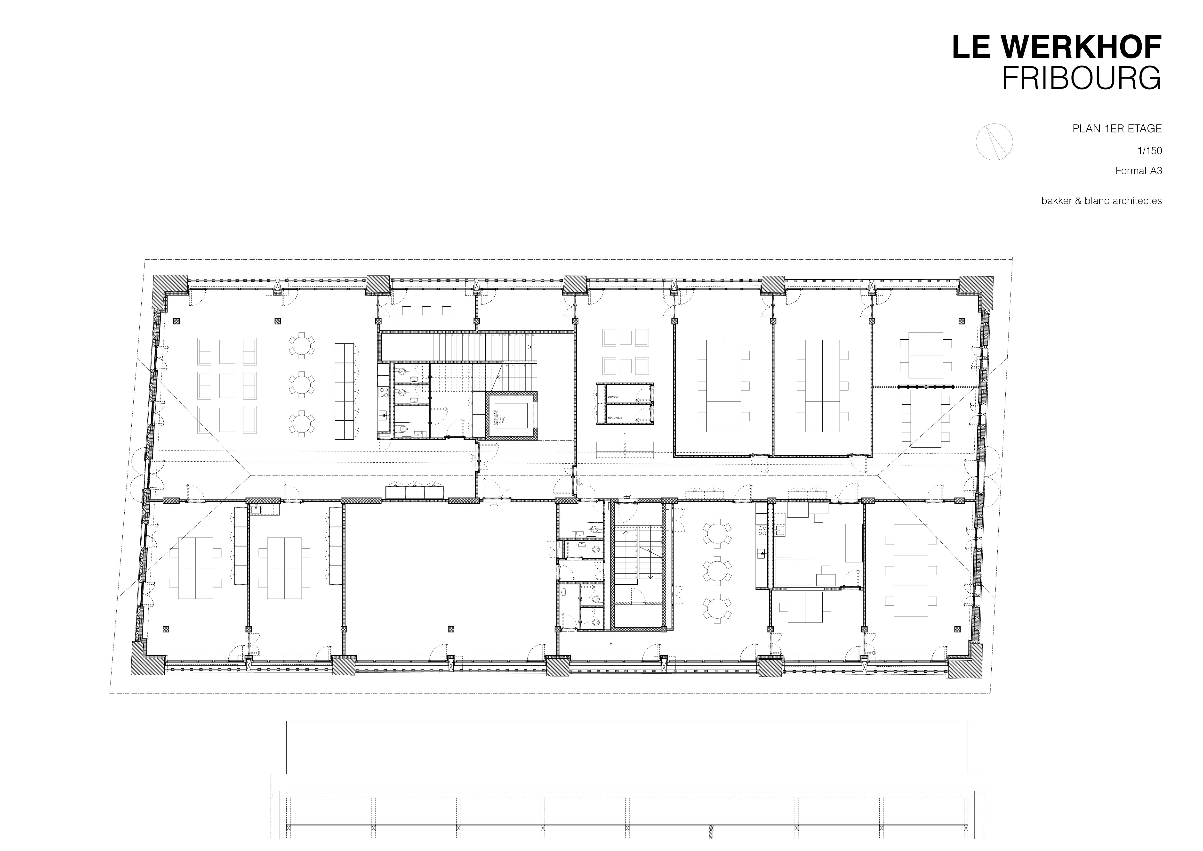 Plan du 1er étage. Les espaces aménagés au premier et second étage reposent entièrement sur une structure ponctuelle, indépendante des fondations d’origine. La circulation de l’accueil extra-scolaire (rez-de-chaussée) et des salles de travail (premier étage) peut dès lors être doublée et se faufiler entre les poteaux et la façade.
