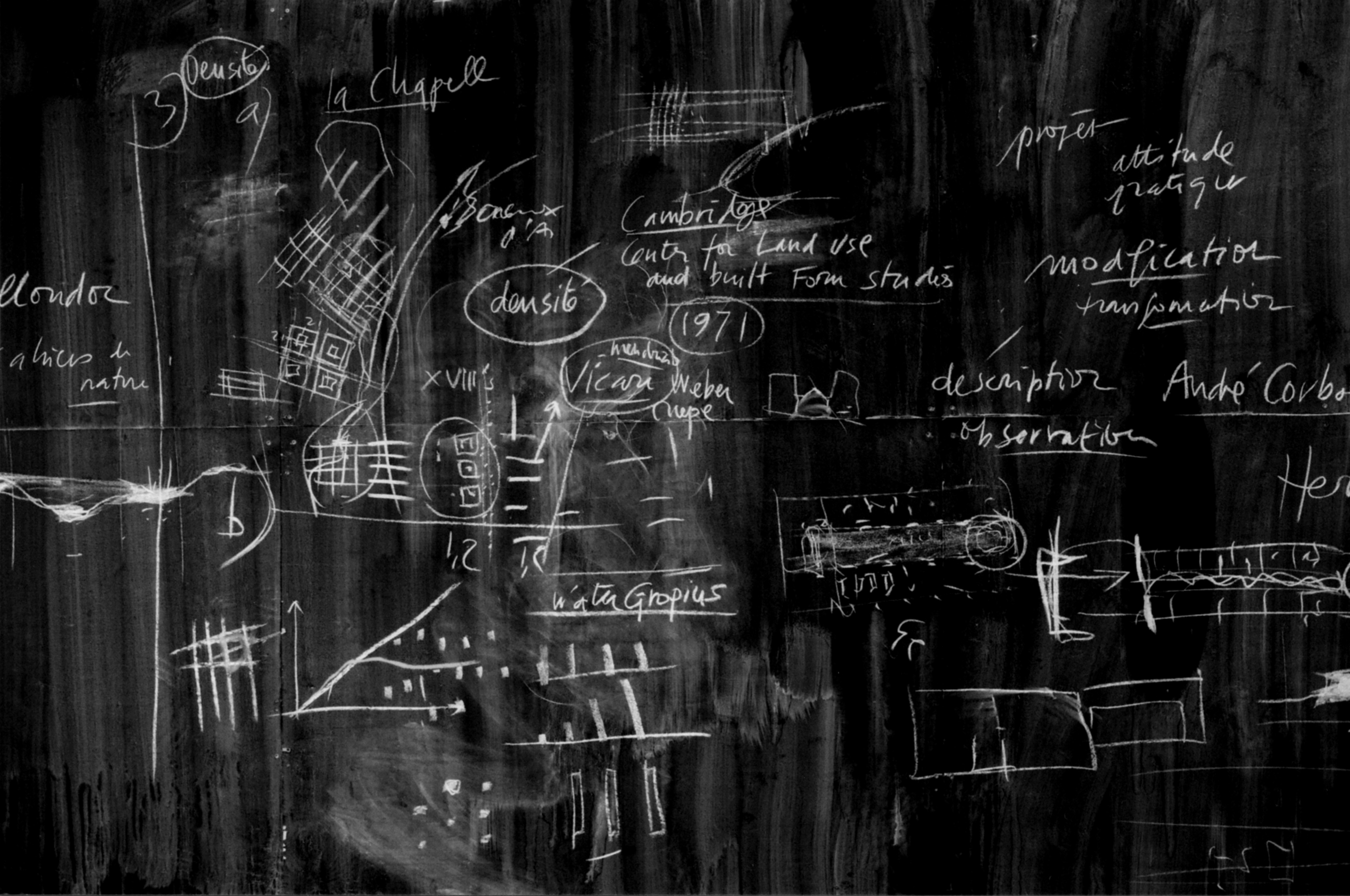 Ecrits et dessins de Georges Descombes sur un tableau noir, 2003