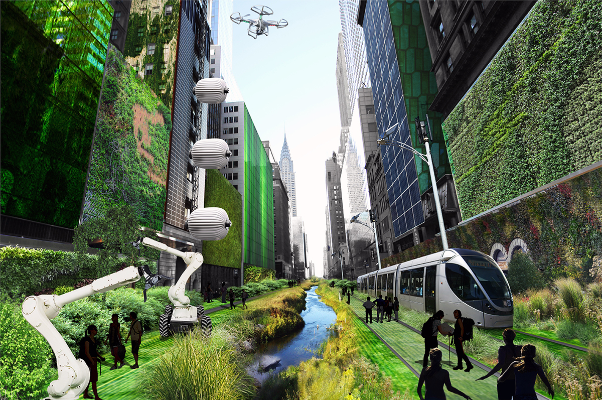 Terreform, New York (Rendering Manhattan): Neudefinition von Mobilität als Gestaltungsmittel. 80% der Wege können zu Fuss, mit dem Fahrrad oder dem öffentlichen Verkehr zurückgelegt werden.
