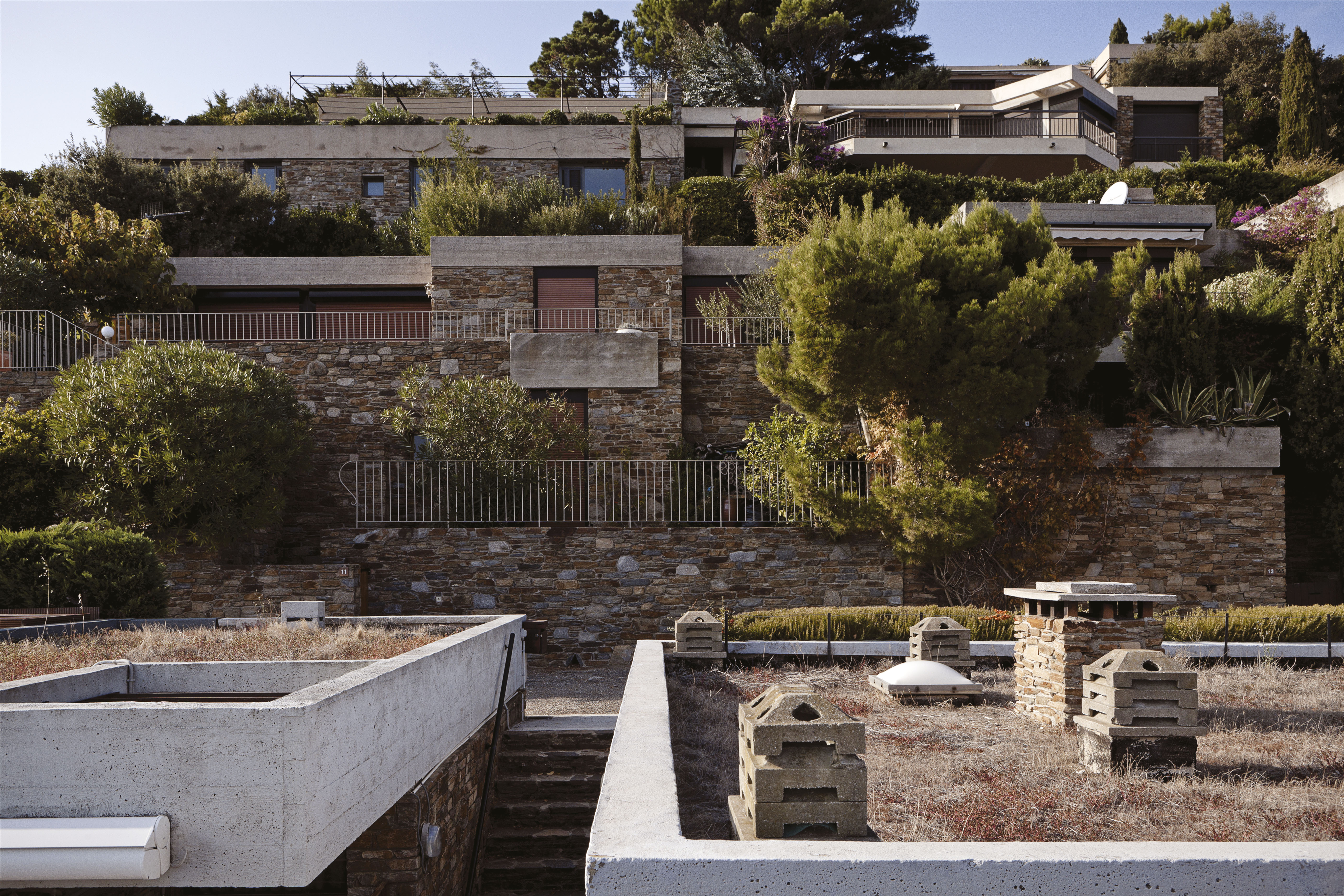 Imbriquées dans la pente, les maisons en pierre de Bormes, aux toits-terrasses plantés, se fondent dans le paysage