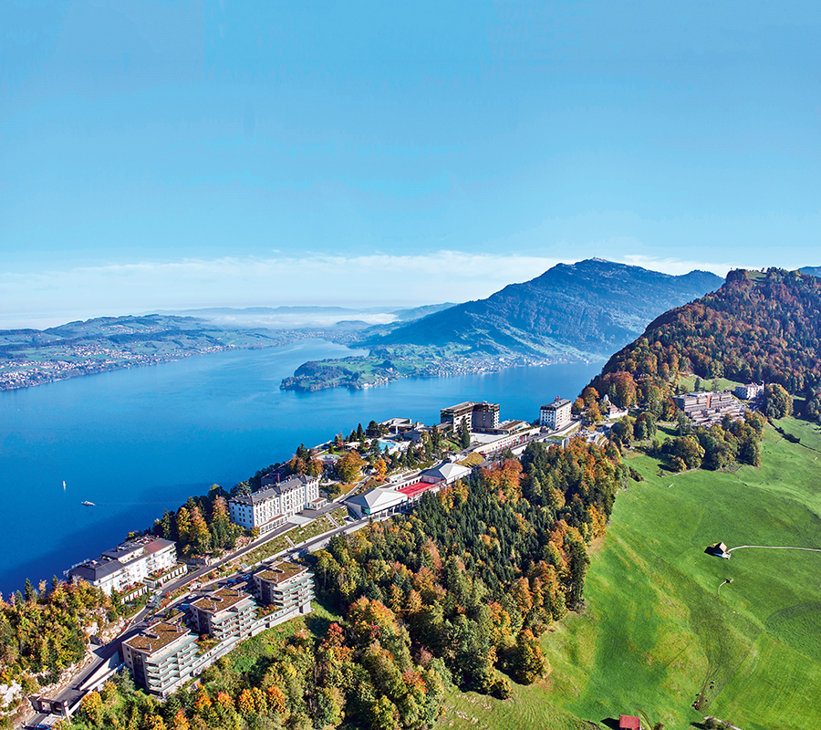 Das Bürgenstock Resort samt Panorama aus der Vogelperspektive.