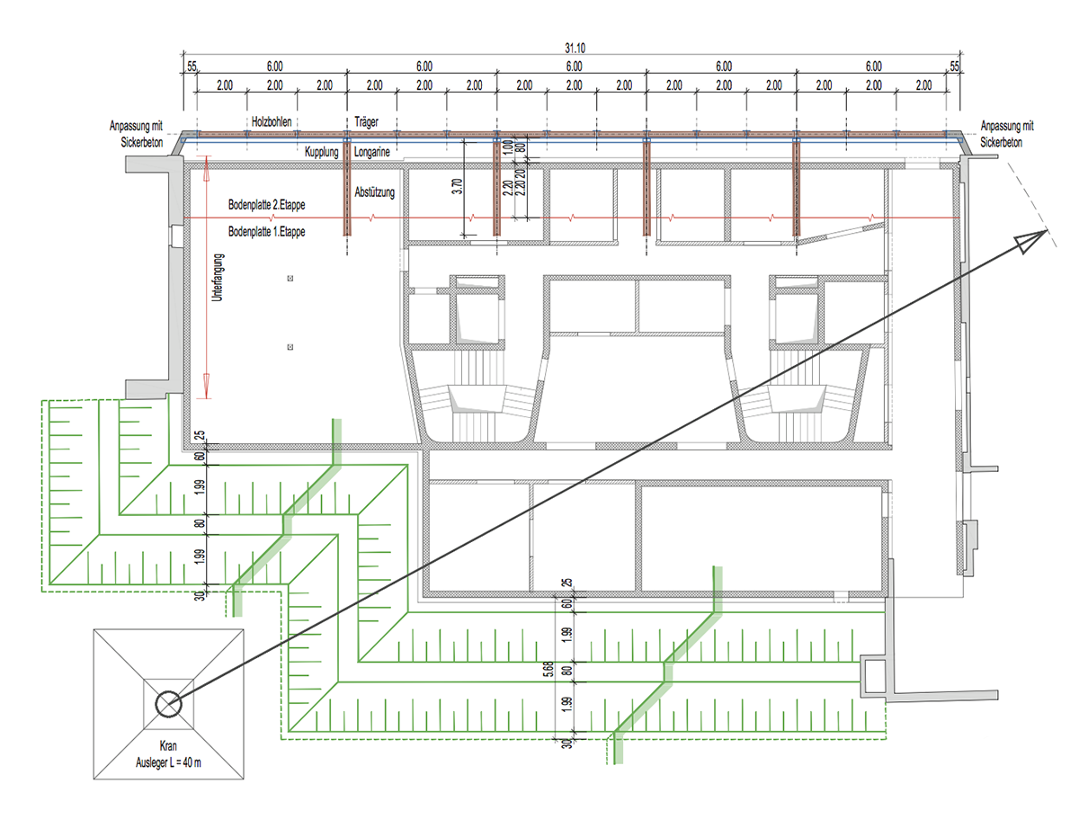 Grundriss der Baugrube mit gewählter, abgestützter Rühlwand (braun) und Kranstandort