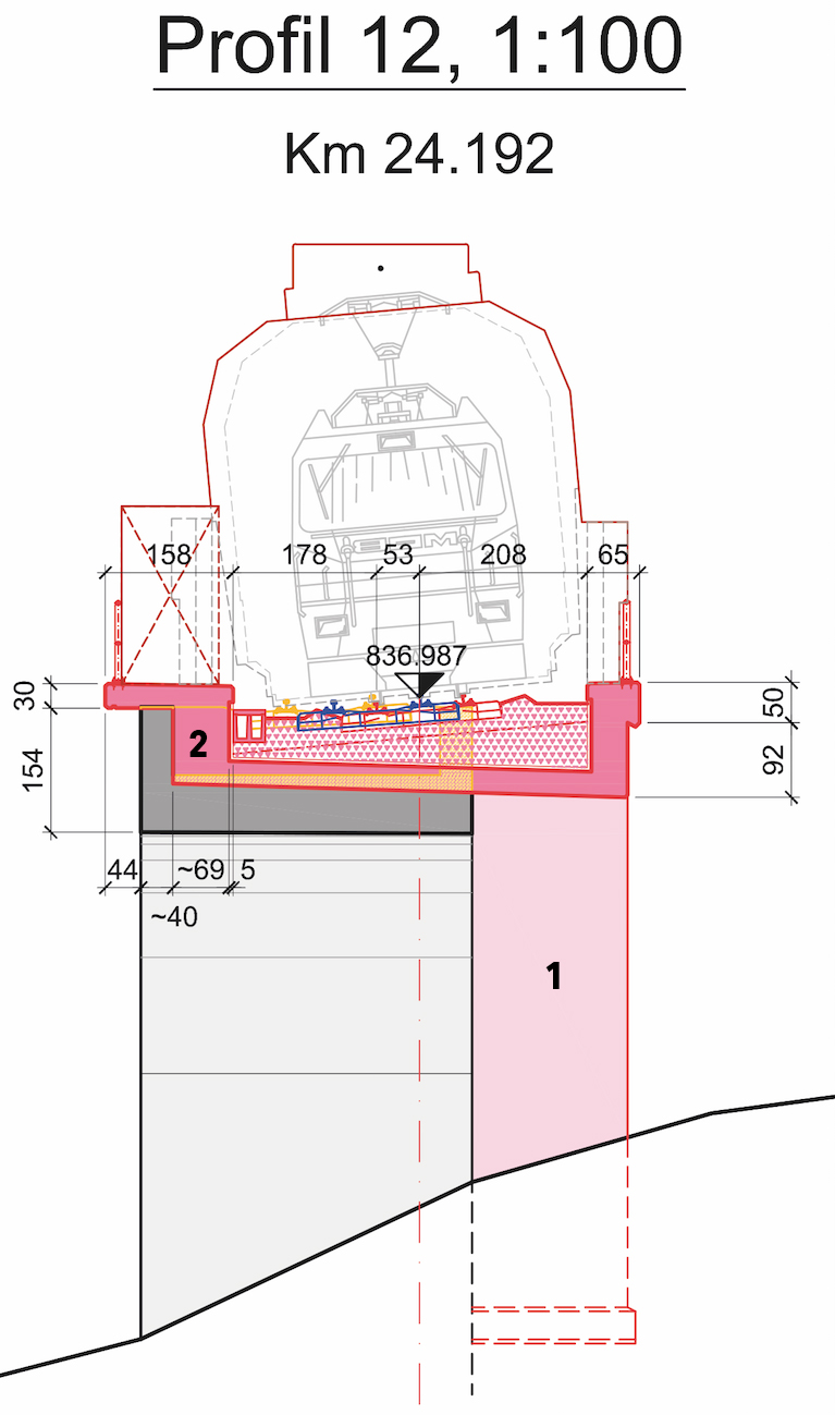 Pont de la Sauta : 1. nouvel appui 2. nouvelle auge (en jaune démolition, en rouge nouvelle construction)