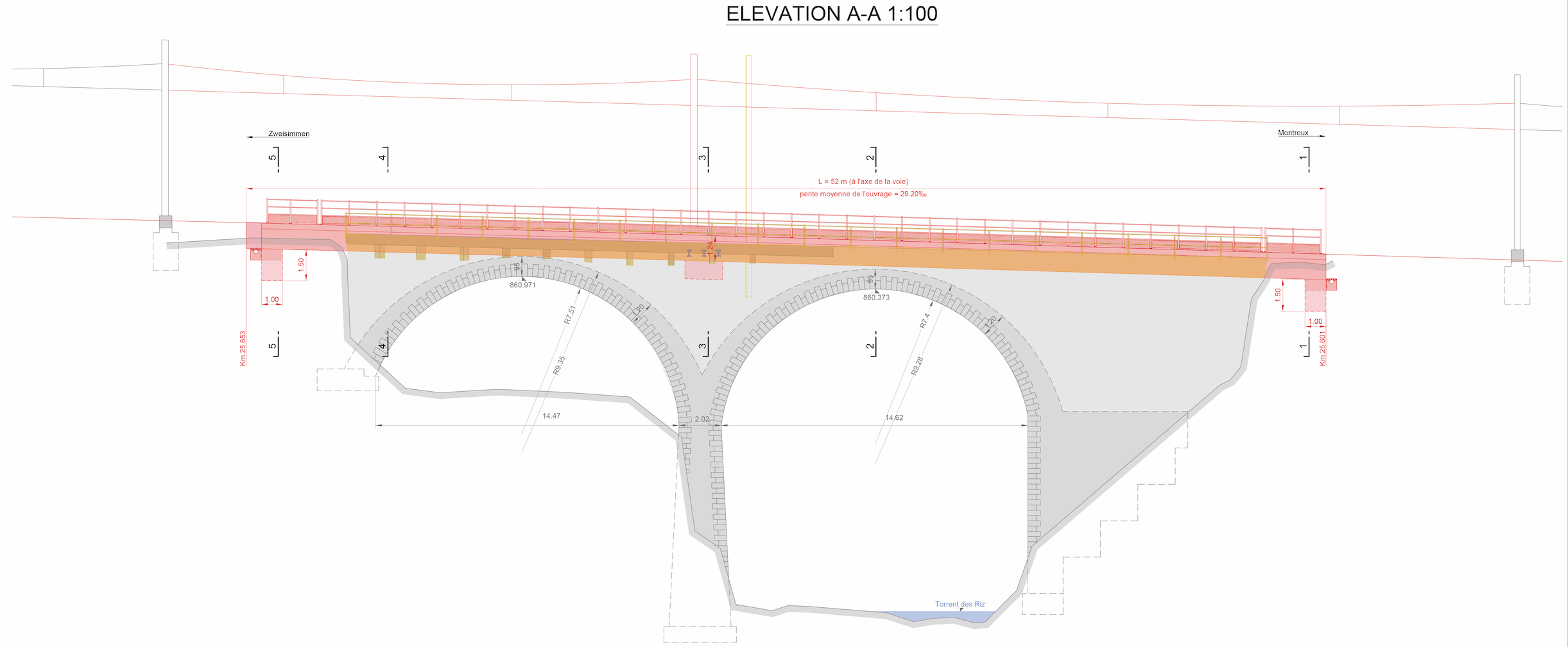 Viaduc des Riz : élévation amont du viaduc des Riz (L=52m) : en jaune démolition partie du couronnement ; en rouge construction de la nouvelle auge