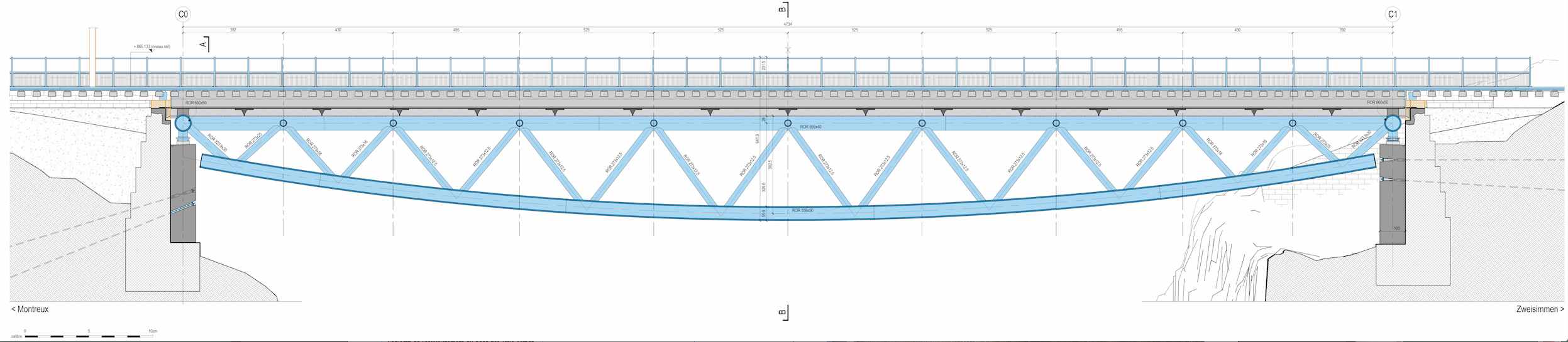 Pont du Lanciau : nouveau pont (coupe longitudinale)