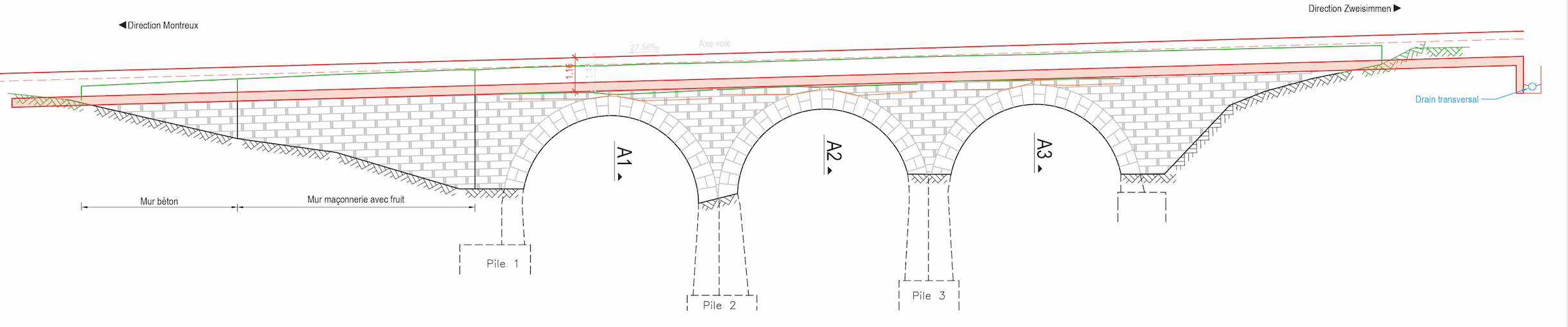 Elévation du côté aval du pont des Trois Arches