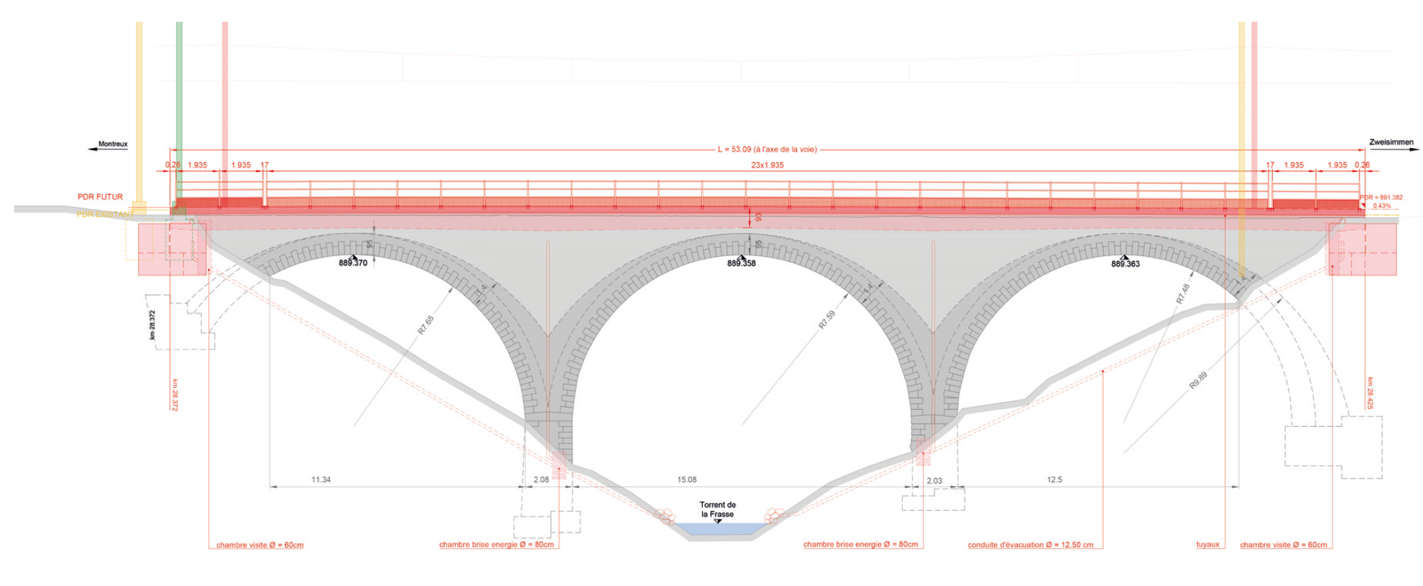 Pont de la Frasse : élévation côté aval (L = 53 m)