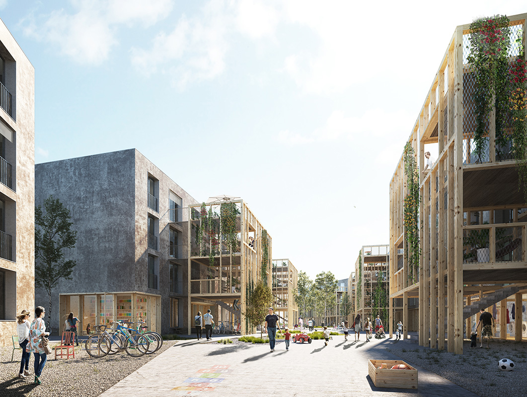Optisch wird der schmale Innenhof des Siegerprojekts «Huebergass» von den mit Kletterpflanzen bewachsenen Holzstrukturen geprägt sein.