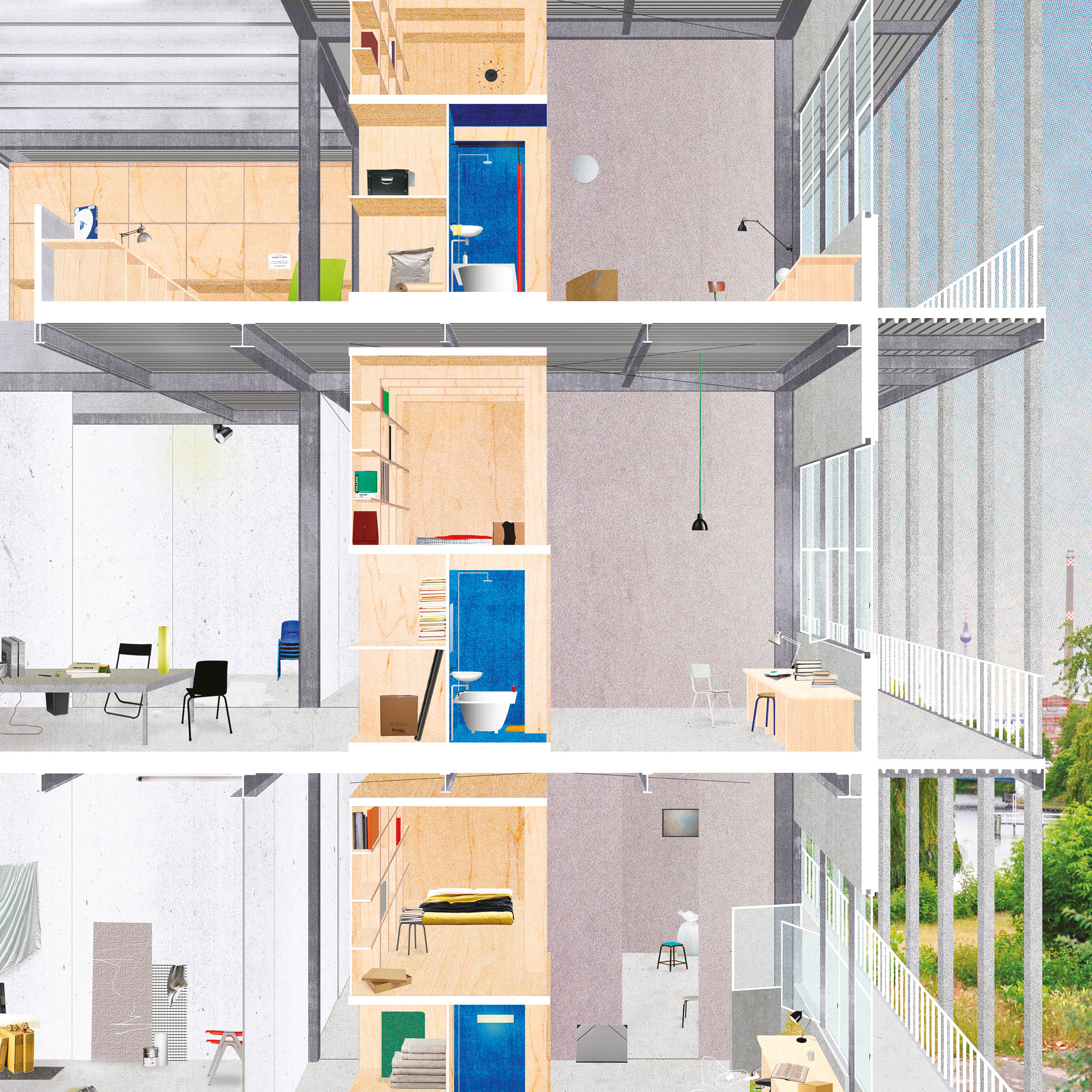 Communal Villa : projet d’une villa conçue pour le travail et le logement de 50 artistes. Coupe perspective.