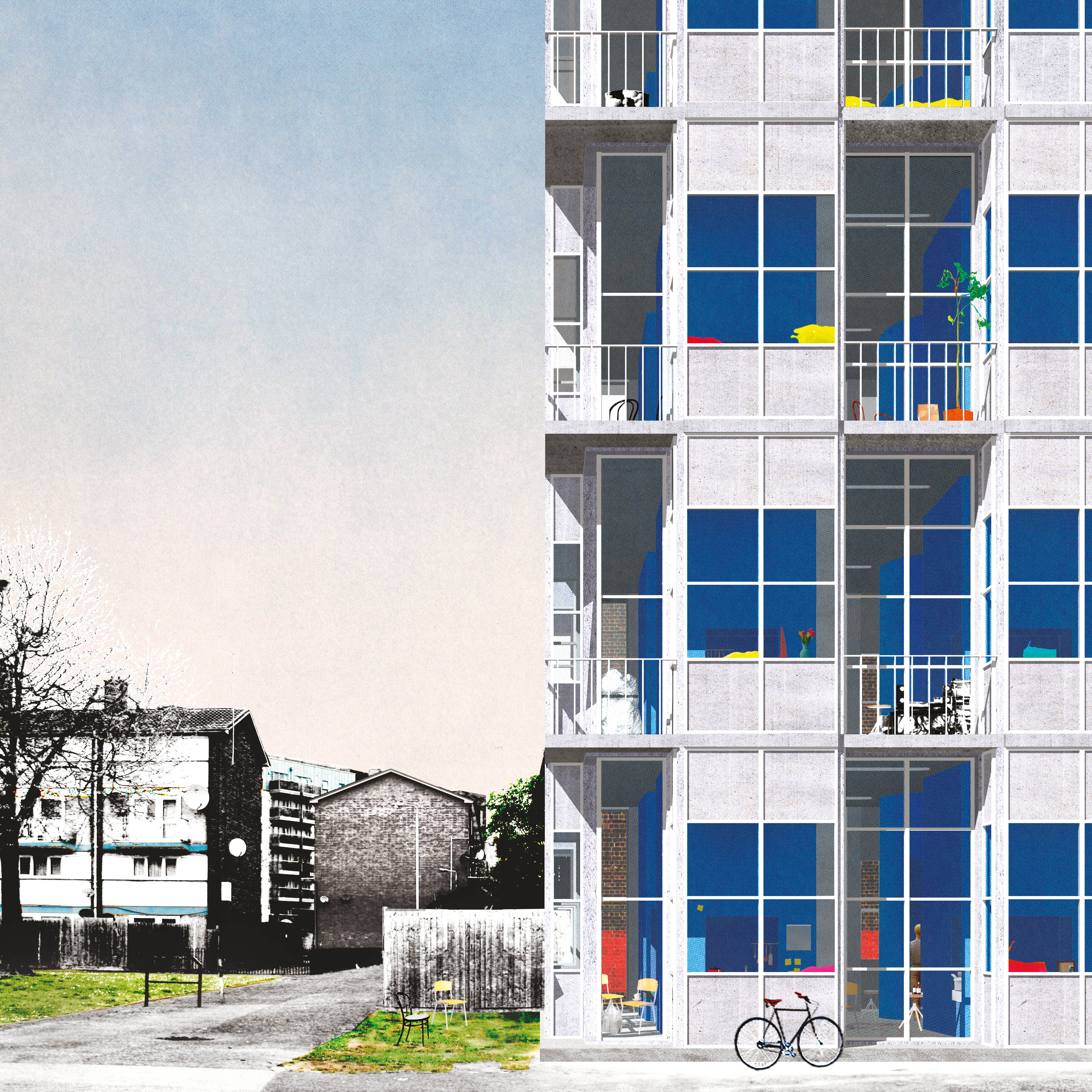 Like A Rolling Stone: la pension revisitée. Vue de l’immeuble à Boreham Avenue, Londres. Vues intérieures : sofas et tables de travail encastrés dans la façade