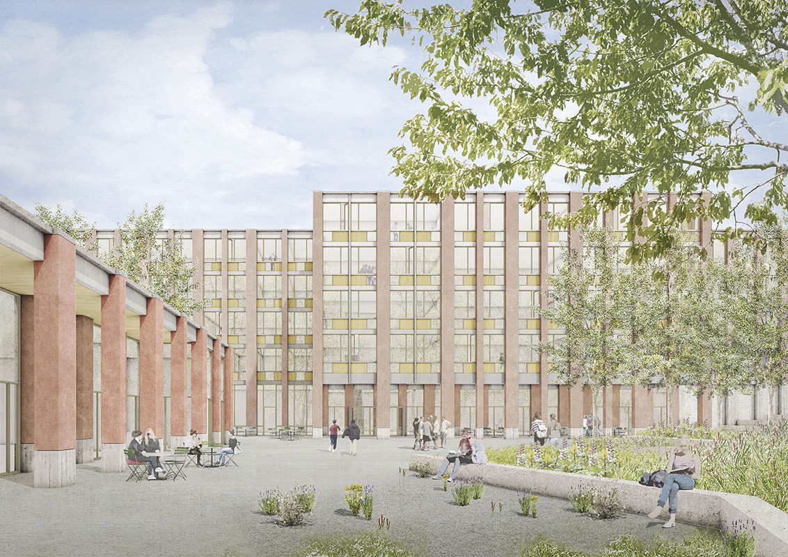Die präzise gesetzten Volumen des Projekts «Clipper» von Adrian Streich Architekten haben die Jury überzeugt. Zum Hof hin präsentieren sich die neue Turnhalle (links) und das neue Schulhaus jeweils mit einer Säulenhalle.