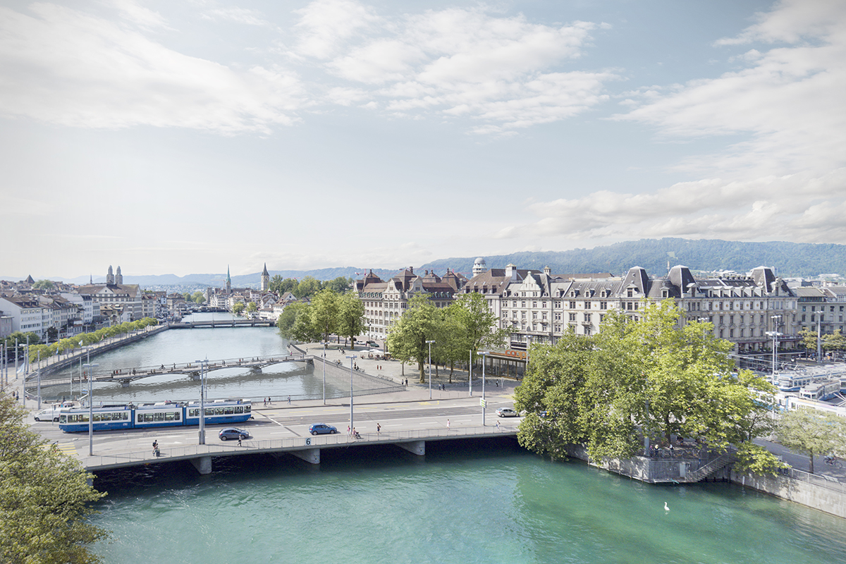 Visualisierung der städtischen Machbarkeitsstudie für einen neuen Papierwerd-Platz; Panorama-Blick nach Westen.
