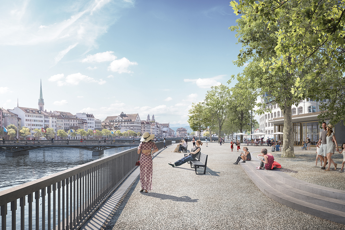 Visualisierung der städtischen Machbarkeitsstudie für einen neuen Papierwerd-Platz; Blickrichtung Westen zum Limmatquai.