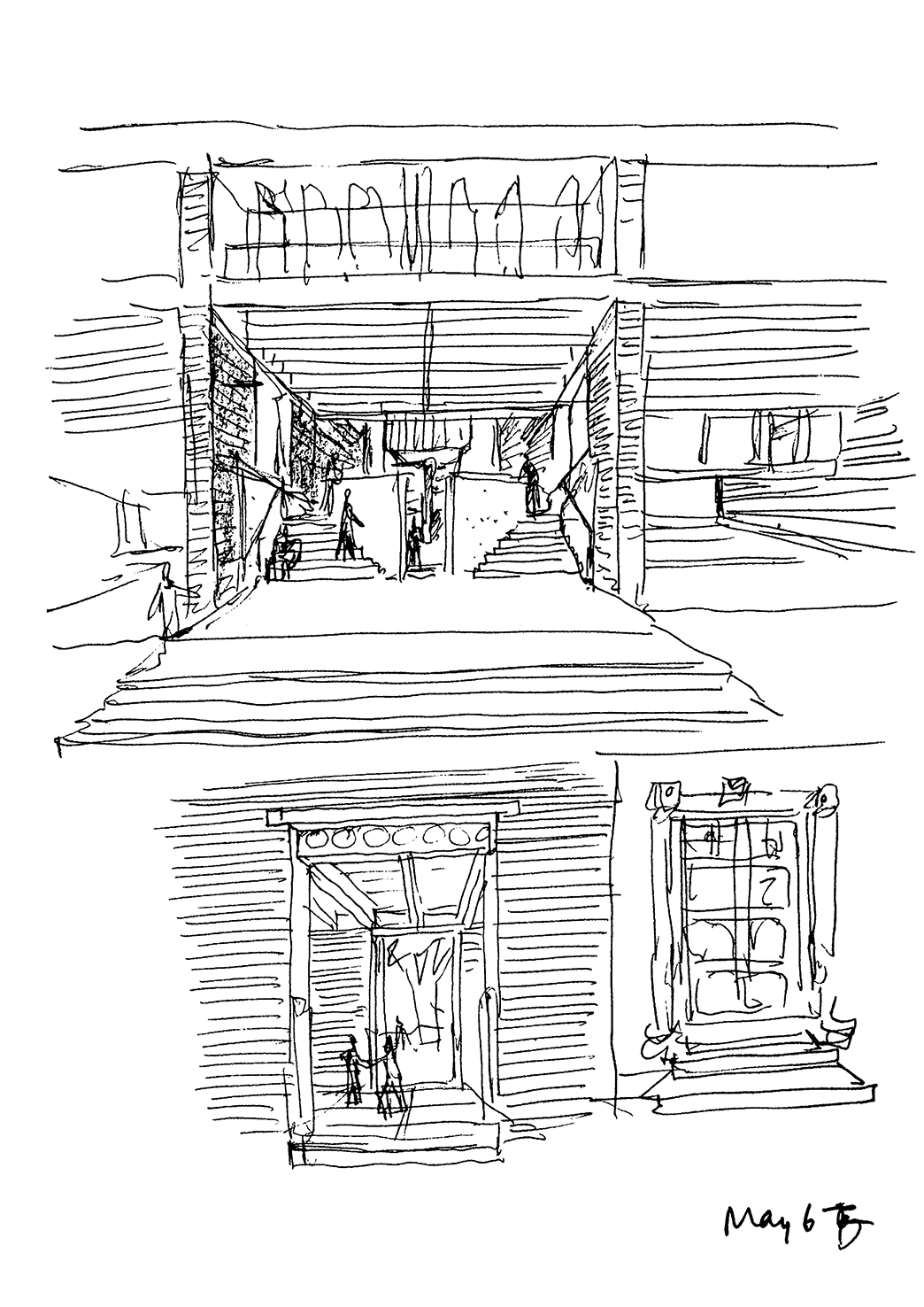 Centre for Environmental Planning &amp; Technology, 1966–2012 (Multiple Phases), Ahmedabad, India. Esquisse de l'entrée sud