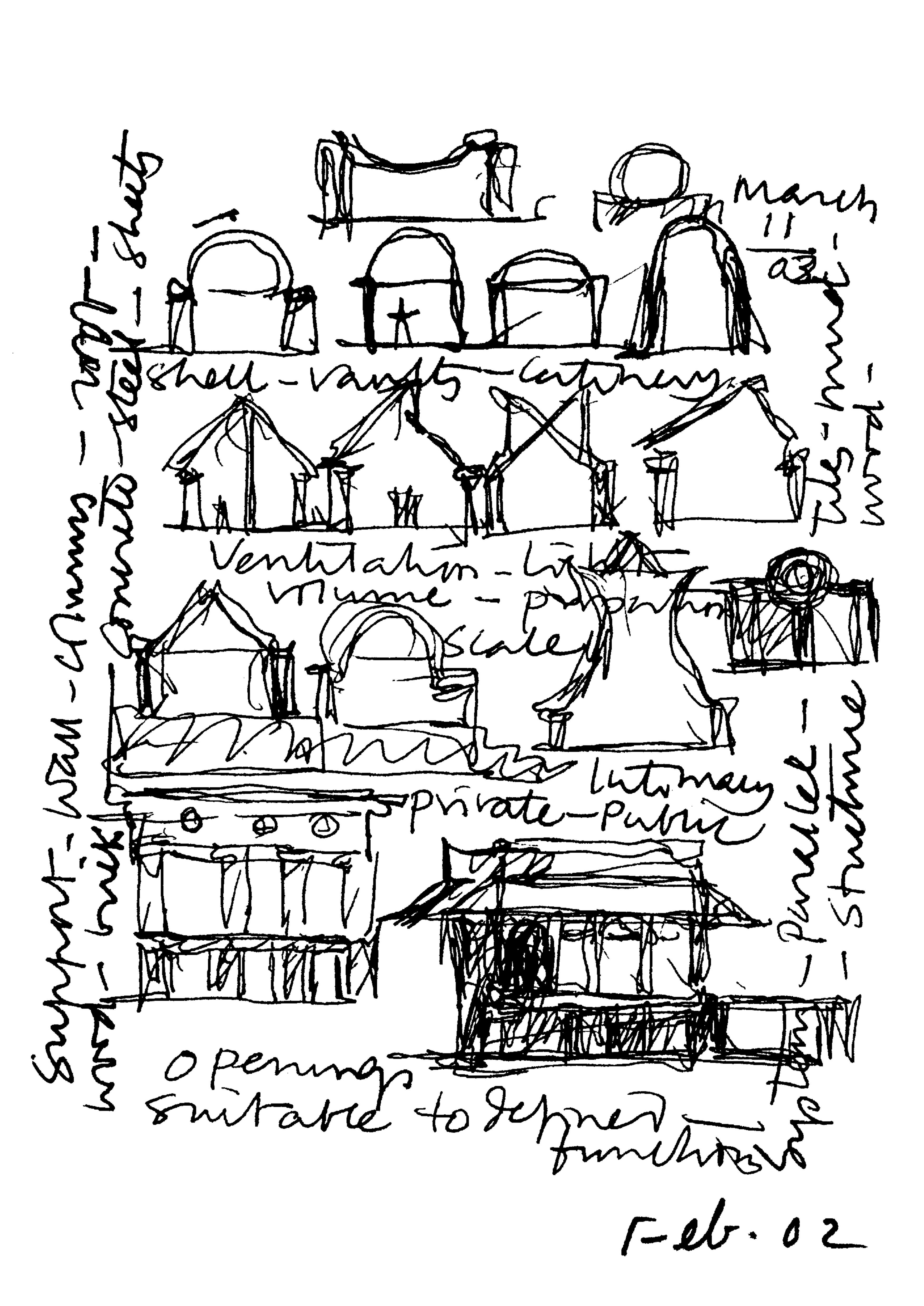 Centre for Environmental Planning &amp; Technology, 1966–2012 (Multiple Phases), Ahmedabad, India. Etude des formes en relation avec la ventilation, la lumière et les caractéristiques de l'espace.