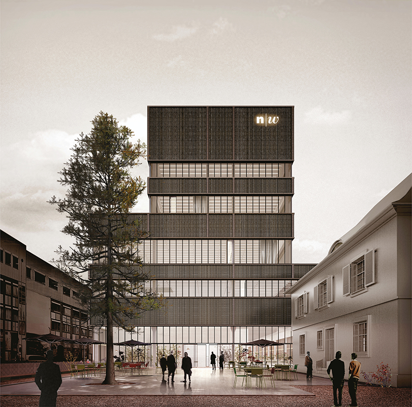 Siegerprojekt «Ideenwerkstatt», Blick von der Reinacherstrasse im Westen. Rhythmus und Proportionen von Brüstungen und Fensterbändern erinnern an die Hochschule für Kunst und Gestaltung (Morger + Dettli Architekten, 2012–2014) weiter südlich auf dem Areal.