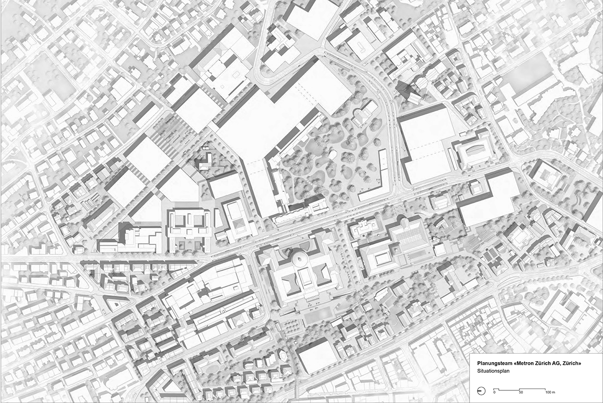 Das Team um Metron Zürich analysierte die bestehende Situation sorgfältig und entwickelte aus diesen Erkenntnissen das Szenario für die weitere Planung. Dem Beurteilungsgremium war dieses aber zu wenig visionär. Weiterverfolgt werden soll Lage und Dimensionierung des «Sternwartgartens» (blau), der das Gebiet mit dem umliegenden Quartier verknüpft. Situation.