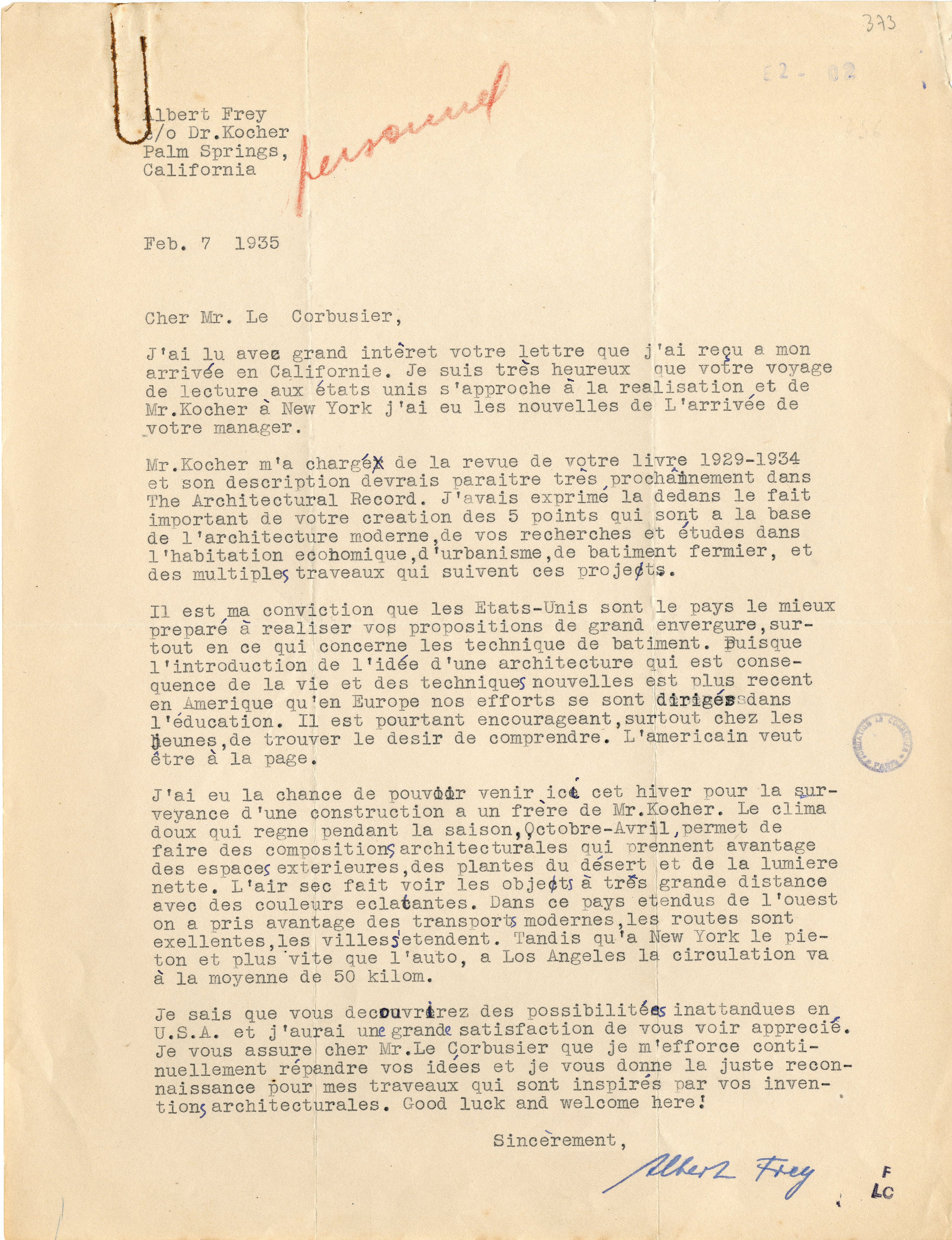 Lettre d’Albert Frey à Le Corbusier datée du 7 février 1935, Fondation Le Corbusier, Paris, réf. E2-2 373