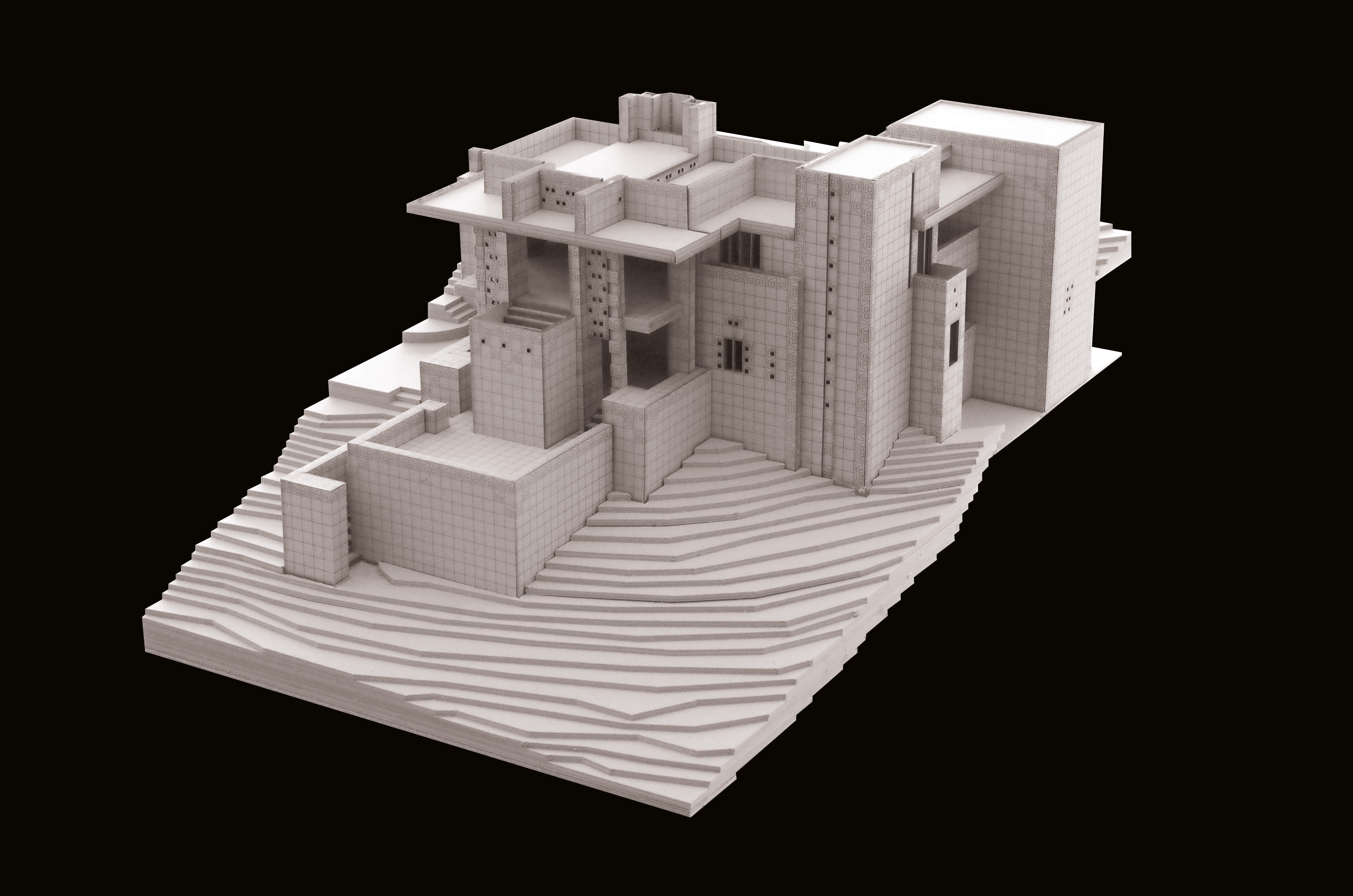 Les maquettes des Cases Studies ont été réalisées par les étudiants de l’EPFL lors du studio Escher GuneWardena (assistants Thierry Manasseh et Mounir Ayoub) à l’échelle 1:50 et en carton gris. Plusieurs maisons ont été ensuite visitées lors d’un voyage d’étude à Los Angeles. Case Study : Freeman House, Frank Lloyd Wright, 1923, étudiante : Haftka Nina