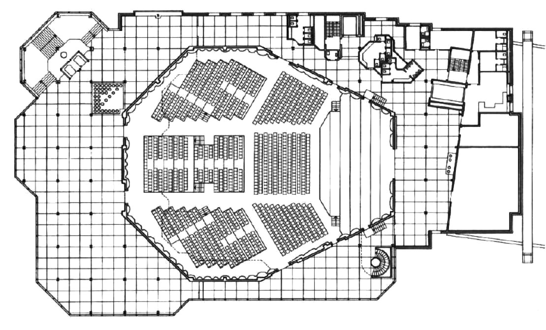 Architectes Jean-Marc Jenny, Pierre Steiner Architecture S.A., Auditorium Stravinski, Montreaux 1990-1992. Pianta dello spazio espositivo e della sala da concerto