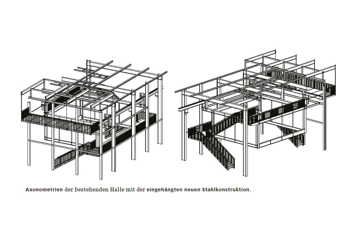 Axonometrien der bestehenden Halle mit der eingehängten neuen Stahlkonstruktion.
