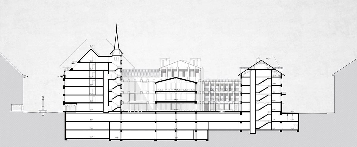 Siegerentwurf von ARGE Fiechter &amp; Salzmann Architekten / Bellorini Architekten; Westfassade mit historischem Hof, das Hinterhaus und die Westfassade des Gartenhofs (Schnitt).