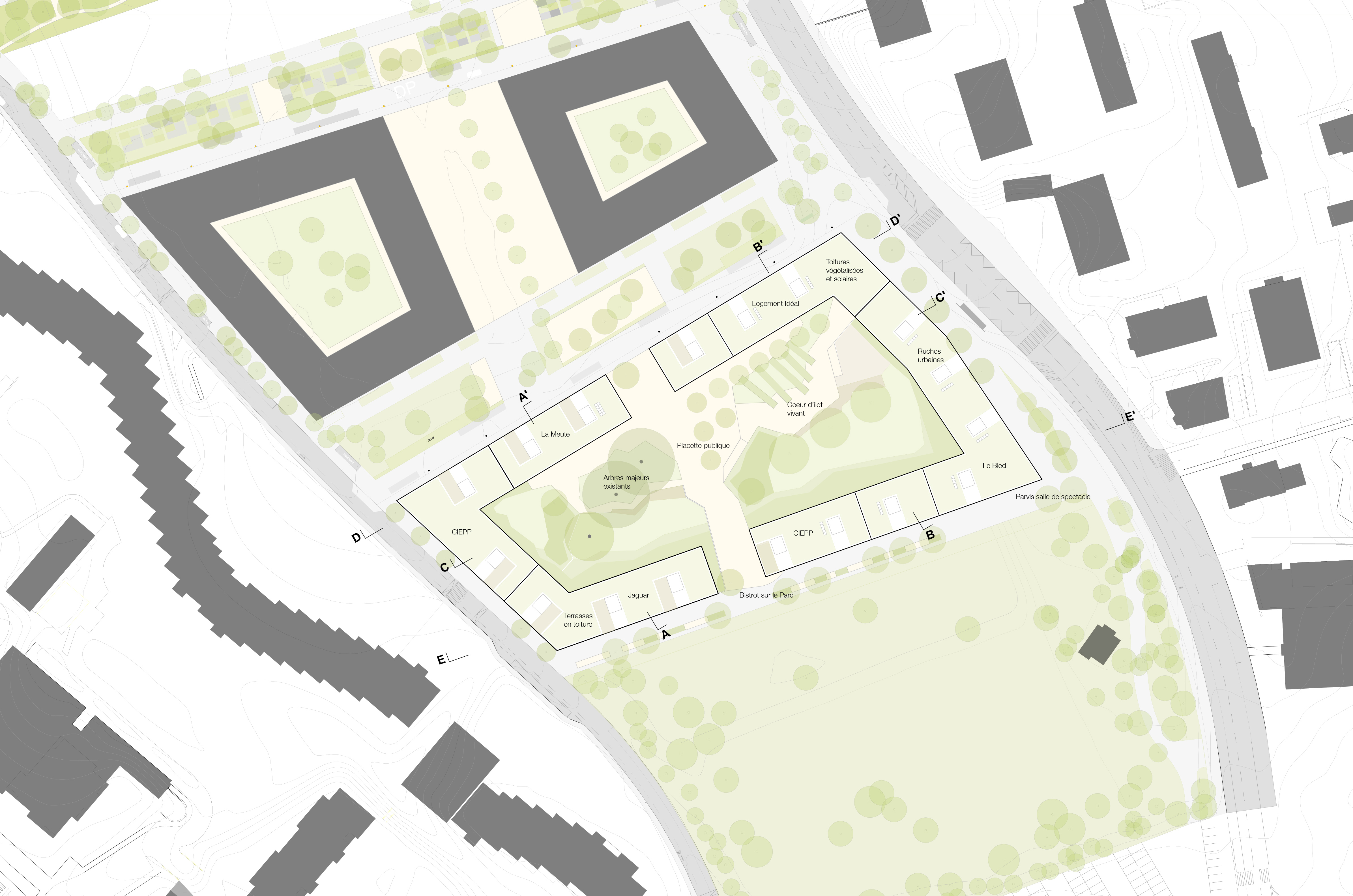 Plan Masse, projet «Ilot Ouvert» de LMLV Agence Luc Malnati &amp; Léonard Verest Architectes Urbanistes + VWA Verzone Woods Architectes