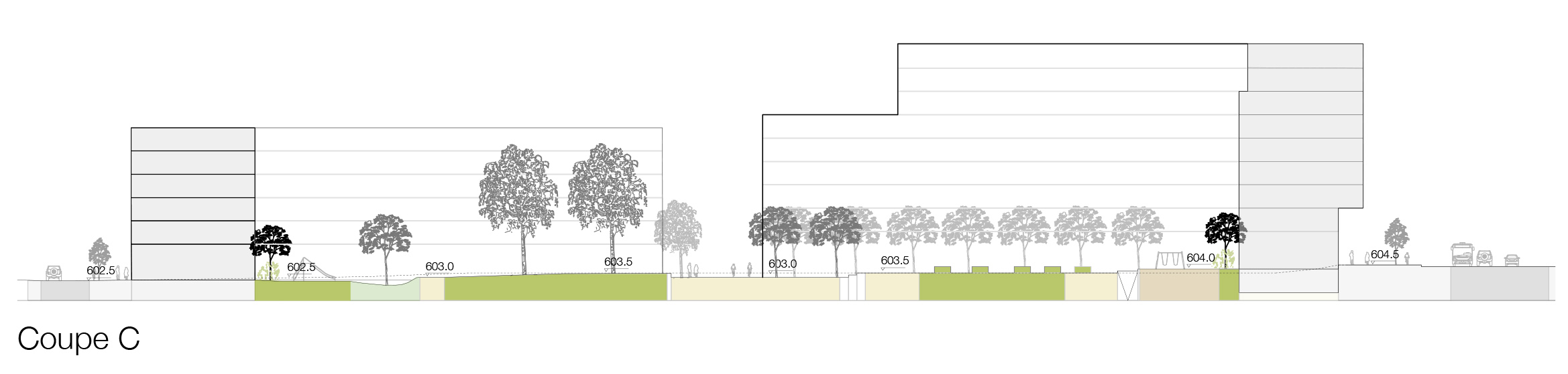 Coupe, projet «Ilot Ouvert» de LMLV Agence Luc Malnati &amp; Léonard Verest Architectes Urbanistes + VWA Verzone Woods Architectes