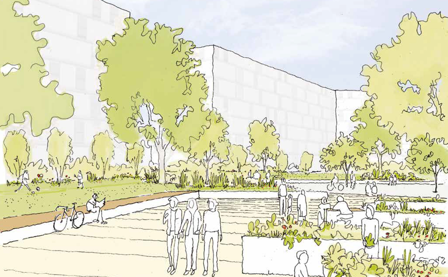 Perspective, projet «Ilot Ouvert» de LMLV Agence Luc Malnati &amp; Léonard Verest Architectes Urbanistes + VWA Verzone Woods Architectes