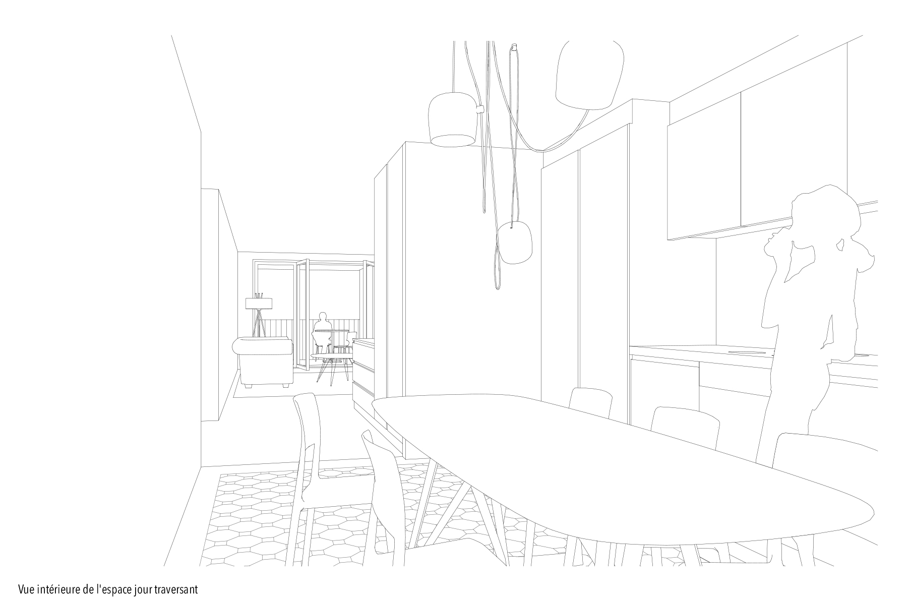 Lot 1 - Perspective espace jour traversant du projet lauréat ALTERITE de cBmM Architectes