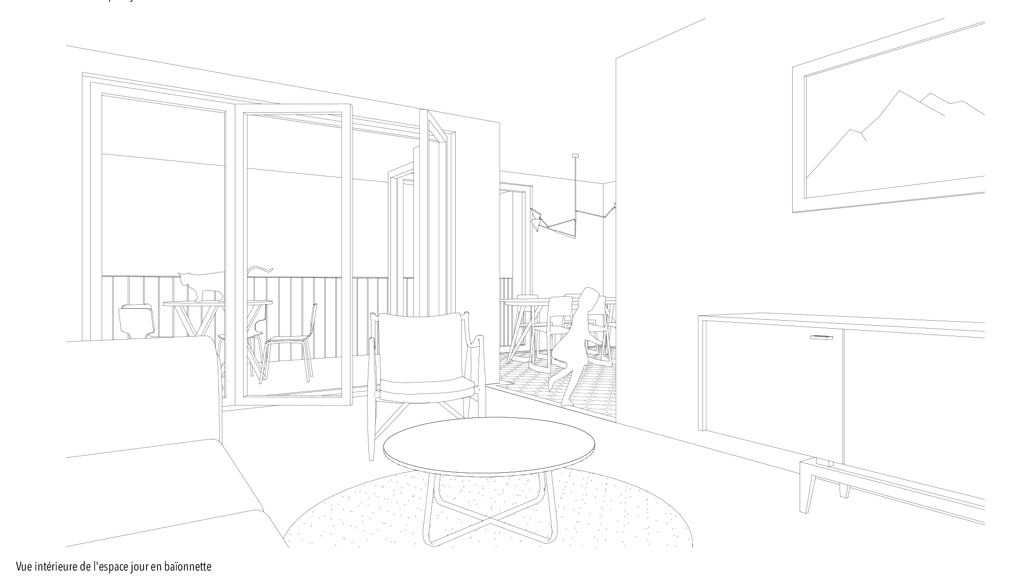 Lot 1 - Perspective espace jour en baillonnette du projet lauréat ALTERITE de cBmM Architectes