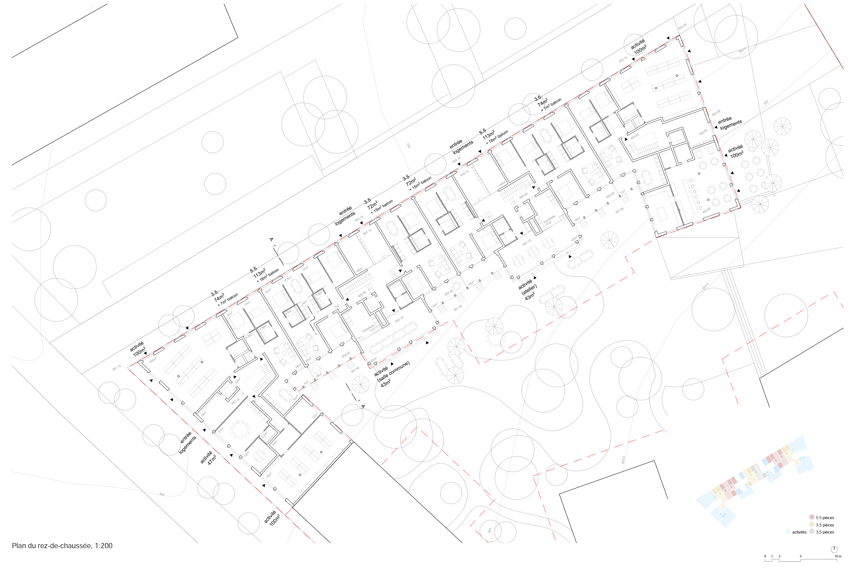 Lot 1 - plan du rez-de-chausséedu projet Terra Incognita de Esch Sintzel Architekten+Nicolas de Courten architectes