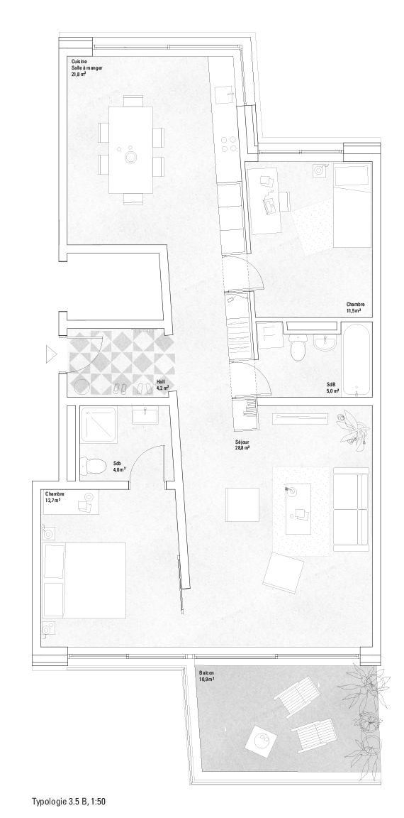 Lot 2 - Typologie 3,5 pièces Bdu projet PARK VIEW de farra zoumboulakis &amp; associés