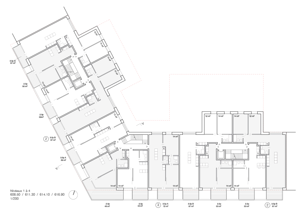 Lot 2 - Plan des étages 1 à 4 du projet Le Mile-End de Atelier Cube +Studio SML