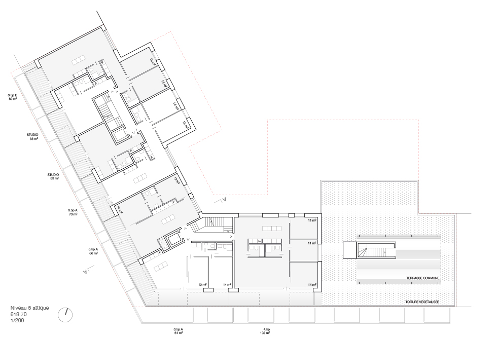 Lot 2 - Plan du 5e étagedu projet Le Mile-End de Atelier Cube +Studio SML