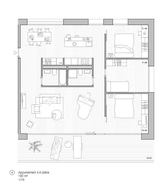 Lot 2 - Typologie 3,5 pièces B du projet Le Mile-End de Atelier Cube +Studio SML