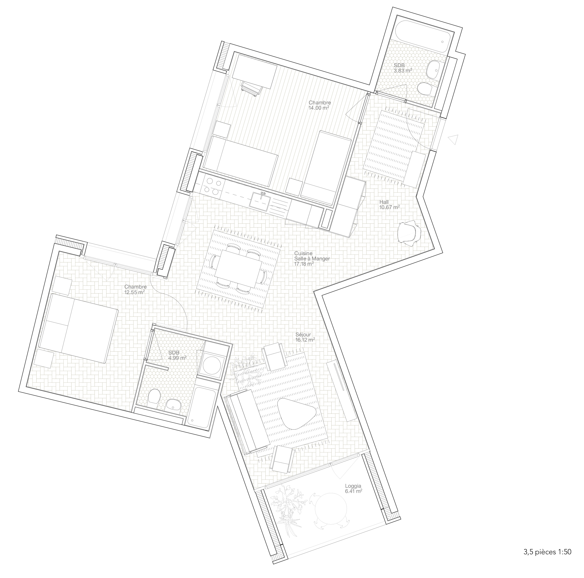 Lot 3 - Typologie des 3,5 pièces du projet LOUVOYONS de LRS Architectes