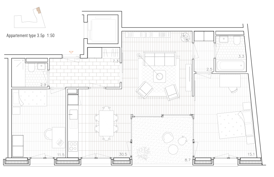 Lot 3 - Typologie des 3,5 pièces du projet OSMOSE de dl-c,designlab-construction