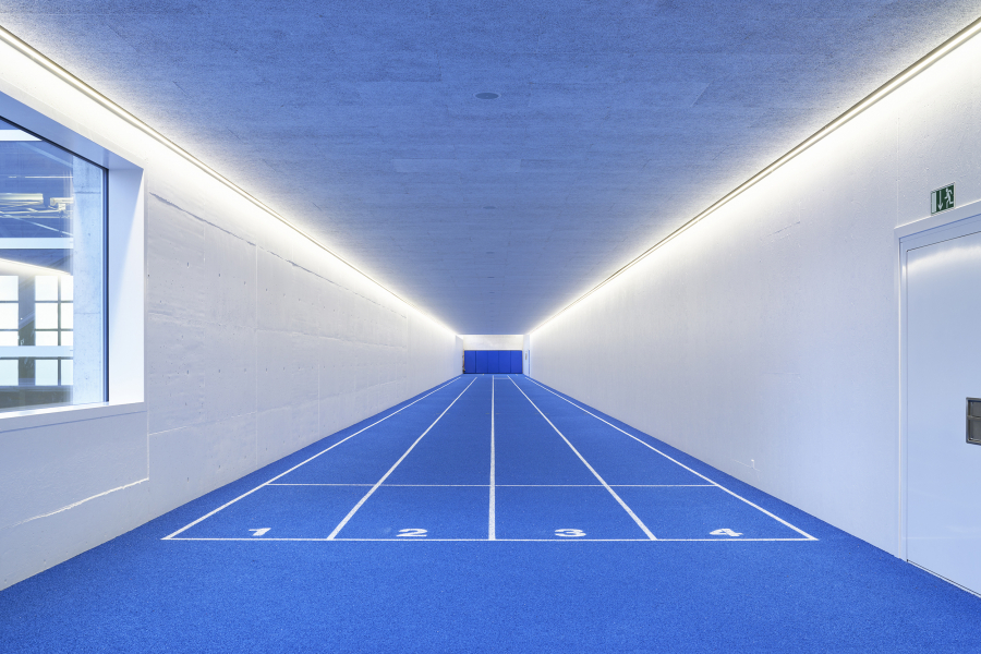 Trainingshalle Aarau: Neubau Indoor Sprint- und Sprunganlage mit Kraftraum 2017. Bauherrschaft: Kanton Aargau; Architektur: Felber Widmer Schweizer Architekten, Aarau