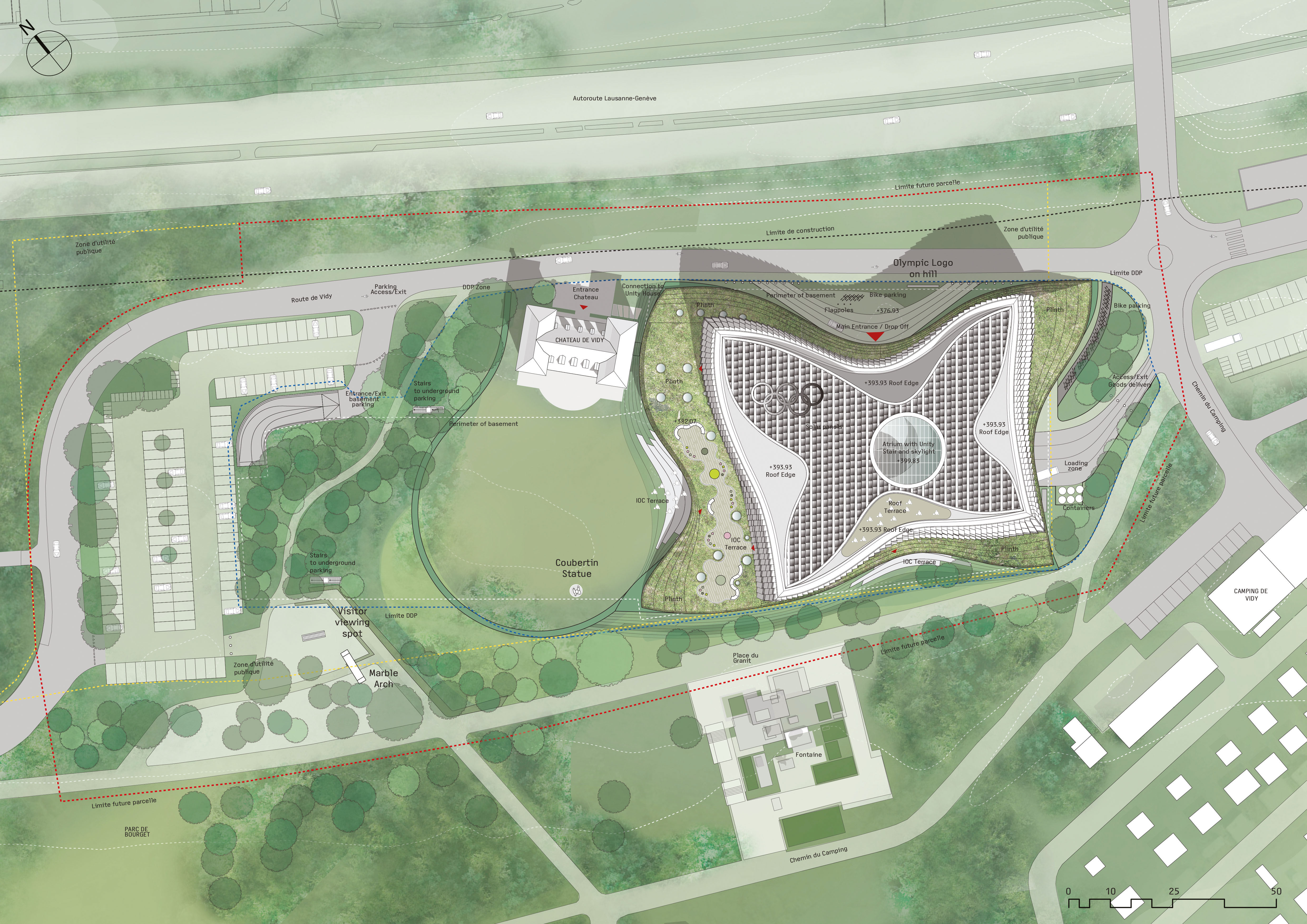 La Maison Olympique dans son contexte immédiat de la plaine de Vidy