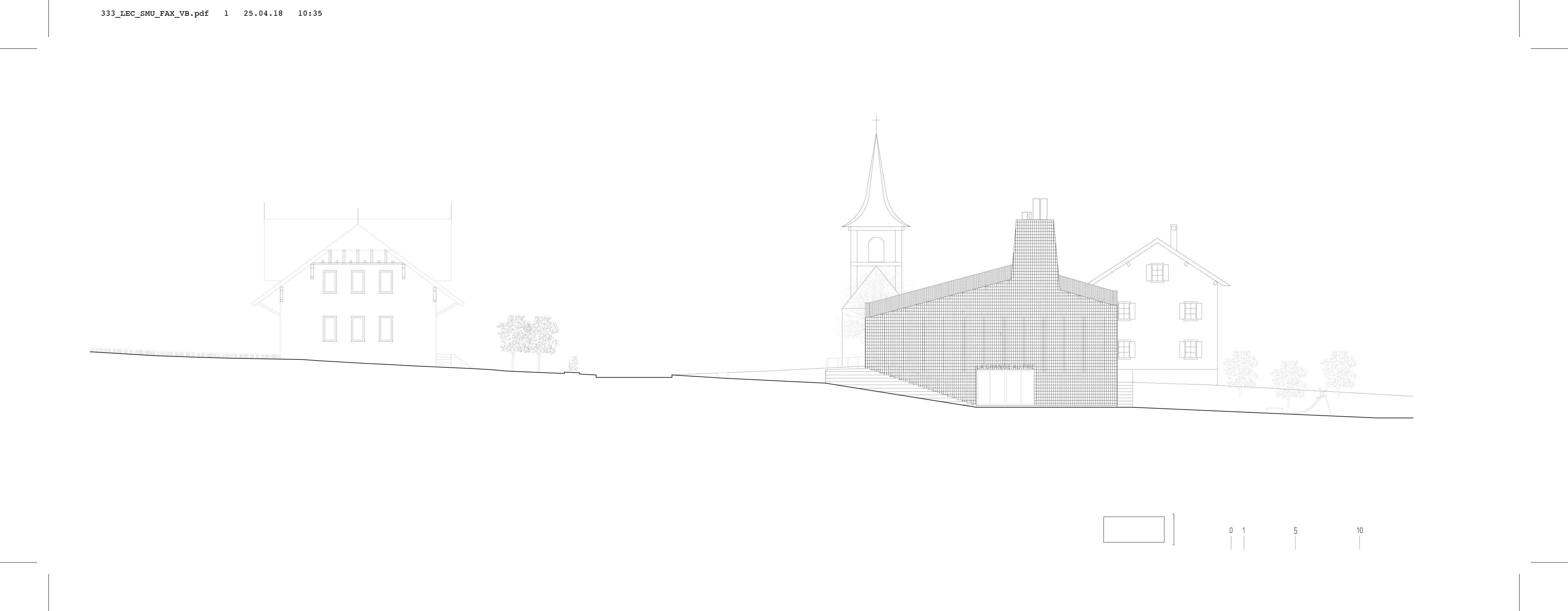 Elévation NE : une façade bien pondérée mais asymétrique sert de nouvelle entrée au village.